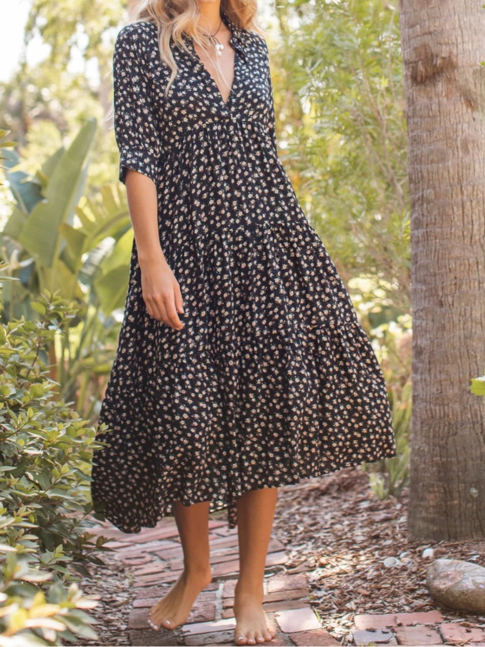 Natural Life Rebecca Midi Dress Rose Floral Print Rayon Black Cream XL - Picture 3 of 16